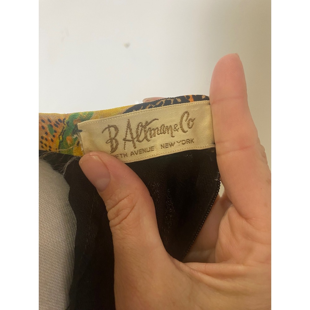 Vintage 1960s Paisley Maxi Dress Mock Neck Boho Mod Long Sleeve Black Gold Green - Picture 3 of 10